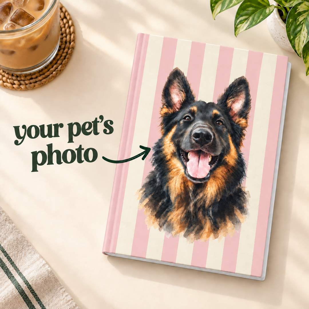 Custom Watercolor Dog Hardcover Notebook, Light Pink Cream Stripes, Personalized Pet Photo Journal