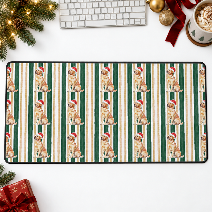 Yellow Labrador Christmas Desk Mat, Green Gold Stripes, Santa Dog Desk Pad