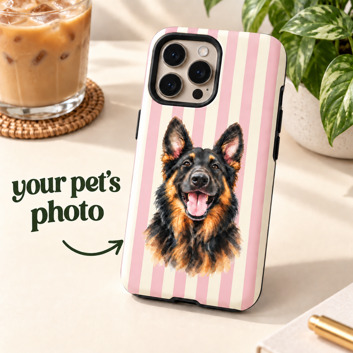 Custom Watercolor Dog iPhone Case, Light Pink Cream Stripes, Personalized Pet Photo Tough Cover