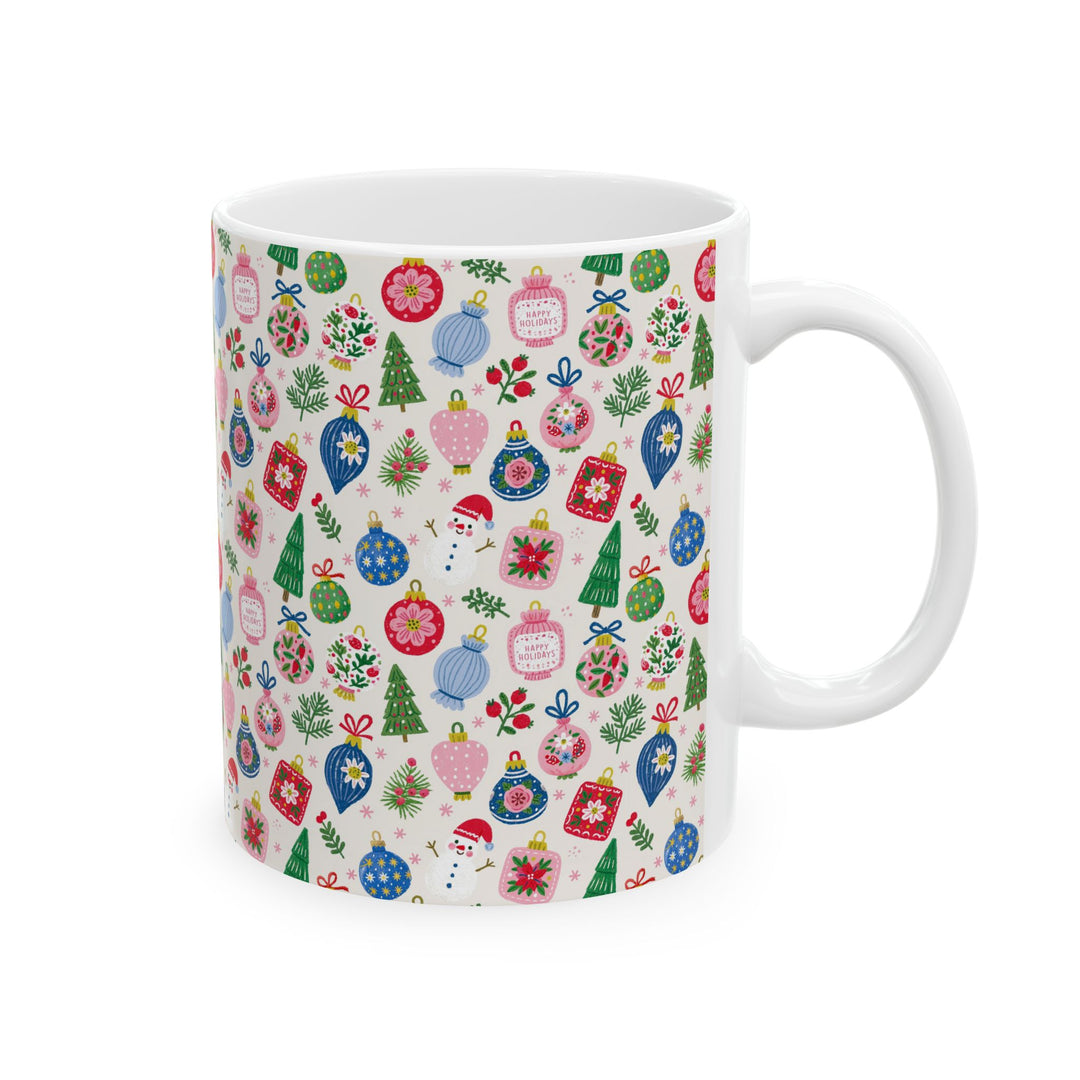 Christmas Ornament Ceramic Mug, Pink Blue Bauble Coffee Cup, Snowman Holiday Cocoa Mug, 11oz and 15oz