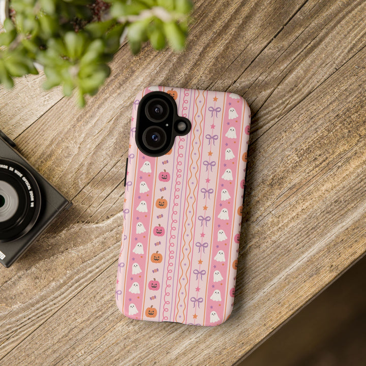 Pastel Halloween Stripe Tough iPhone Case, Pink Ghost Pumpkin Lavender Bow Phone Cover, Matte or Glossy