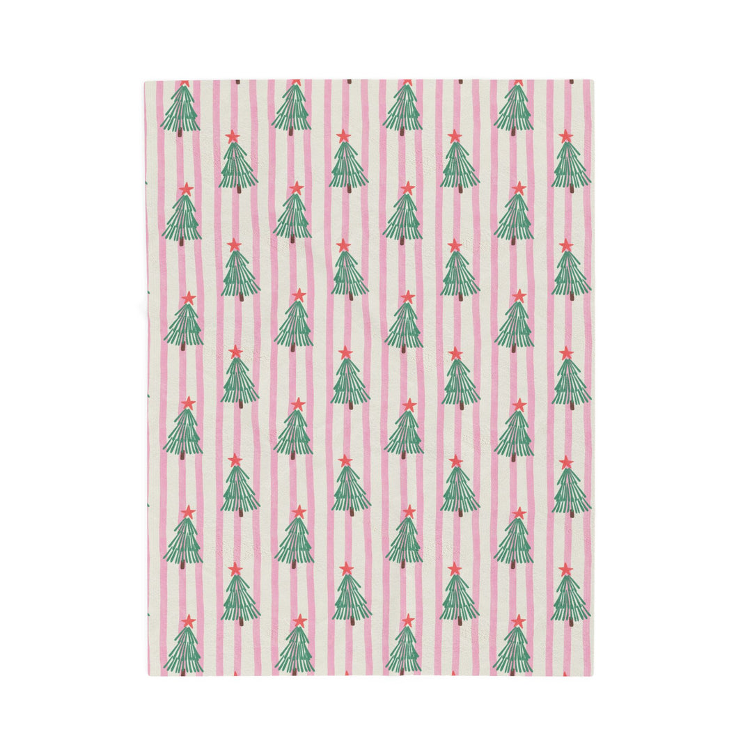 Pink Stripe Christmas Tree Velveteen Plush Blanket, Retro Green Tree Holiday Throw, Cozy Christmas Gift