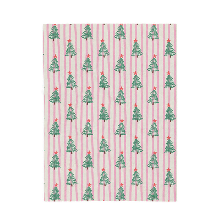Pink Stripe Christmas Tree Velveteen Plush Blanket, Retro Green Tree Holiday Throw, Cozy Christmas Gift