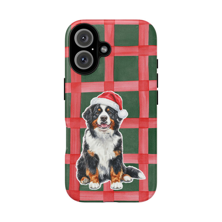Bernese Mountain Dog Christmas Tough iPhone Case, Red Green Plaid, Santa Dog Phone Cover
