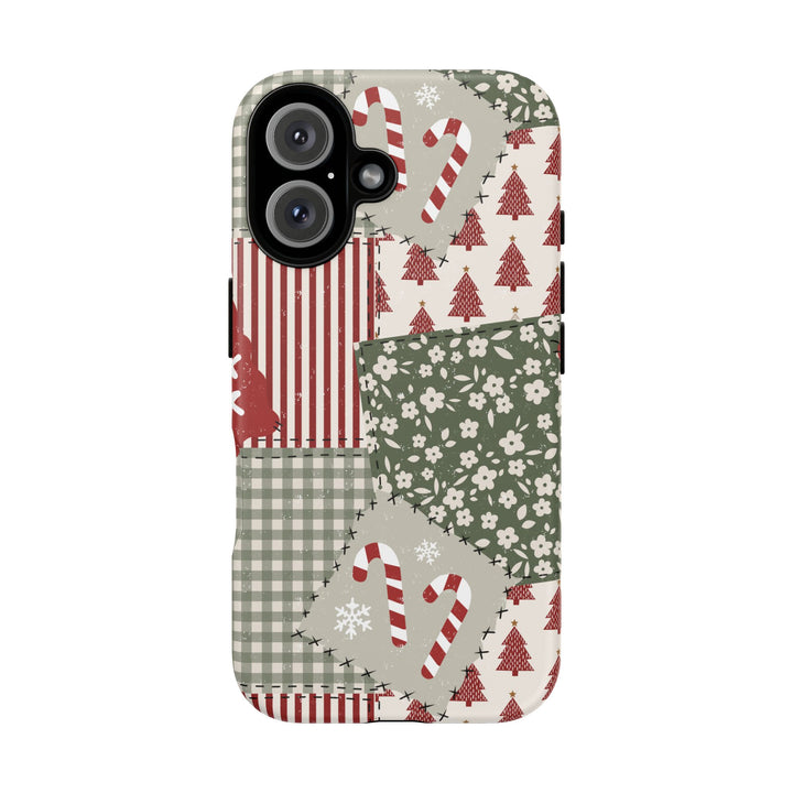 Christmas Patchwork Tough iPhone Case, Red Sage Floral Gingham Holiday Phone Cover, Matte or Glossy
