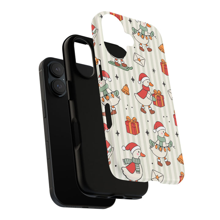 Christmas Goose Tough iPhone Case, Cute Holiday Geese Green Stripe Phone Cover, Matte or Glossy