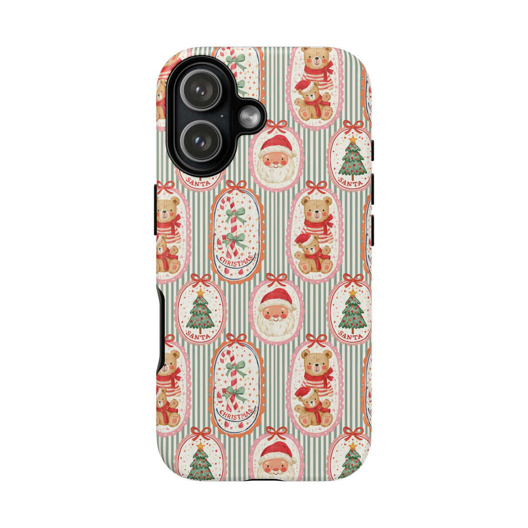 Vintage Santa Teddy Bear Tough iPhone Case, Christmas Candy Cane Green Stripe Phone Cover, Matte or Glossy