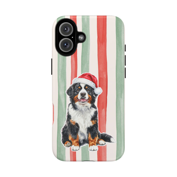 Bernese Mountain Dog Christmas Tough iPhone Case, Red Sage Stripes, Santa Dog Phone Cover