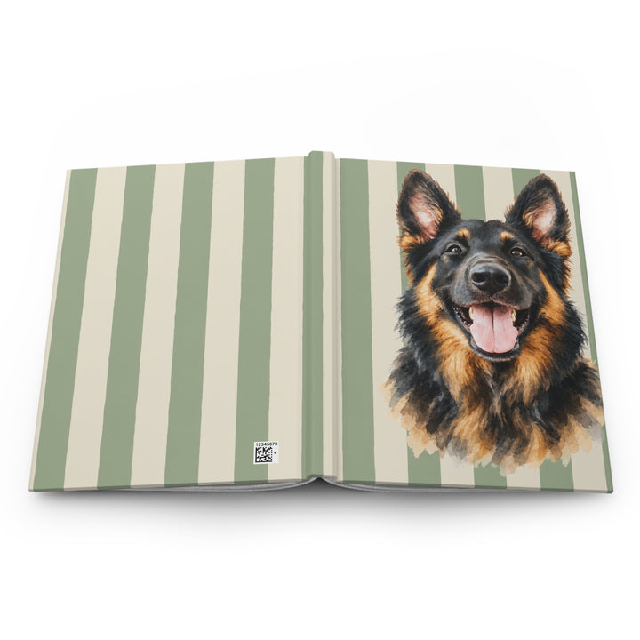 Custom Watercolor Dog Hardcover Notebook, Green and Cream Striped Pet Photo Journal