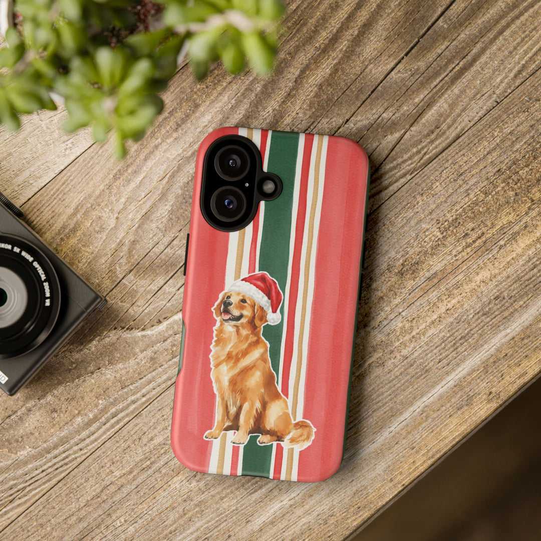 Golden Retriever Christmas Tough iPhone Case, Classic Red Green Stripes, Santa Dog Phone Cover