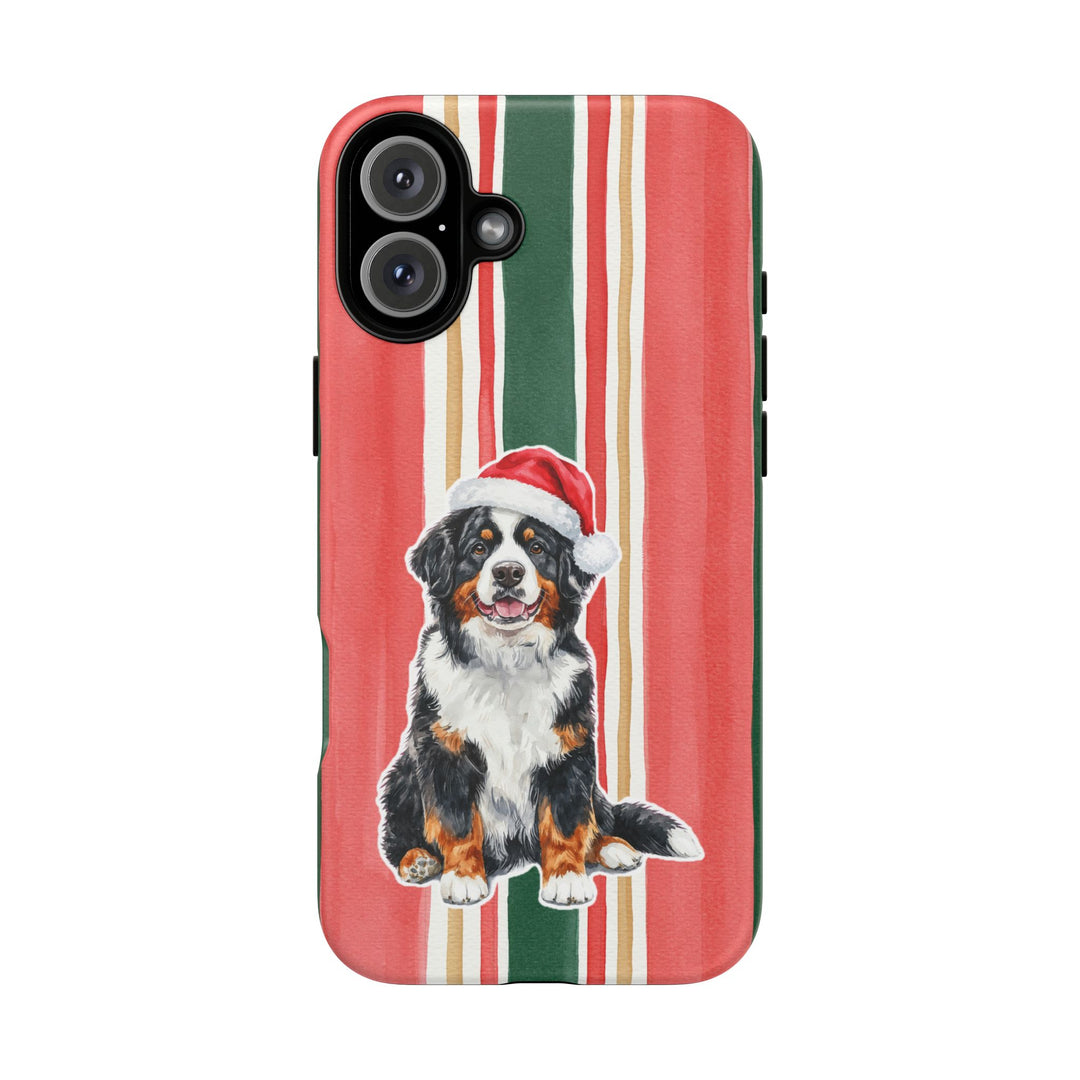 Bernese Mountain Dog Christmas Tough iPhone Case, Classic Red Green Stripes, Santa Dog Phone Cover