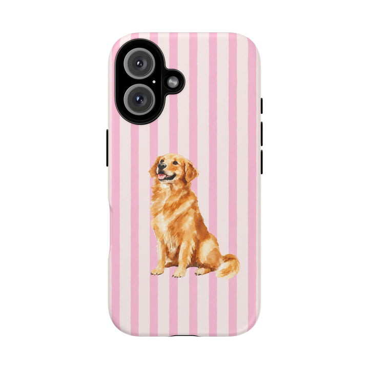 Golden Retriever iPhone Case, Pink Stripe Tough Phone Cover, Golden Retriever Mom Gift