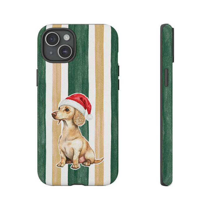 Dachshund Christmas Tough iPhone Case, Green Gold Stripes, Santa Dog Phone Cover