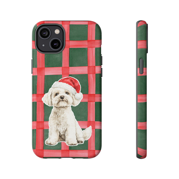 Maltese Christmas Tough iPhone Case, Red Green Plaid, Santa Dog Phone Cover