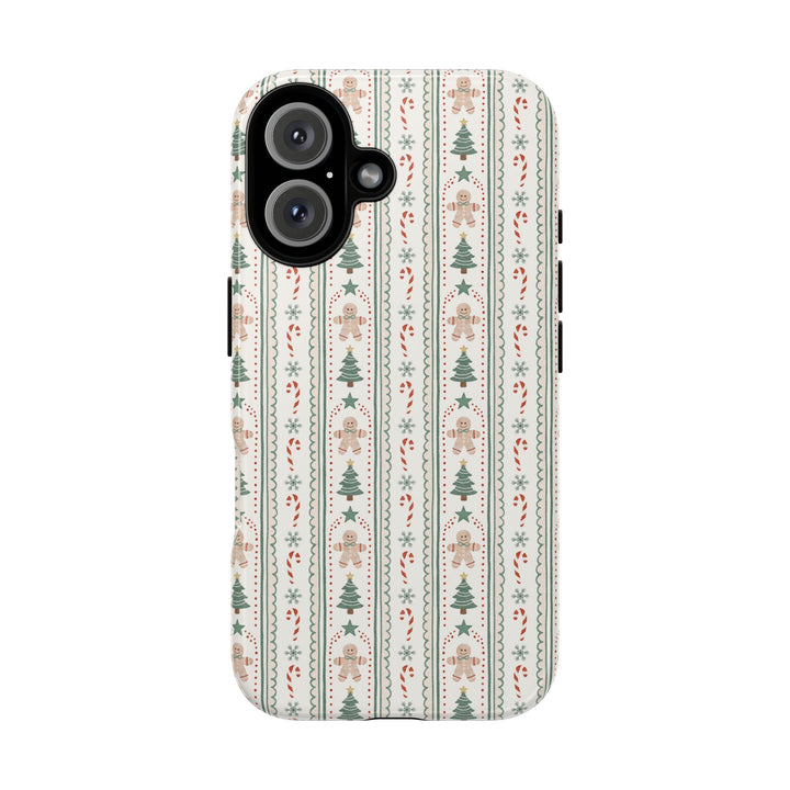 Gingerbread Stripe Tough iPhone Case, Sage Green Christmas Tree Holiday Phone Cover, Matte or Glossy