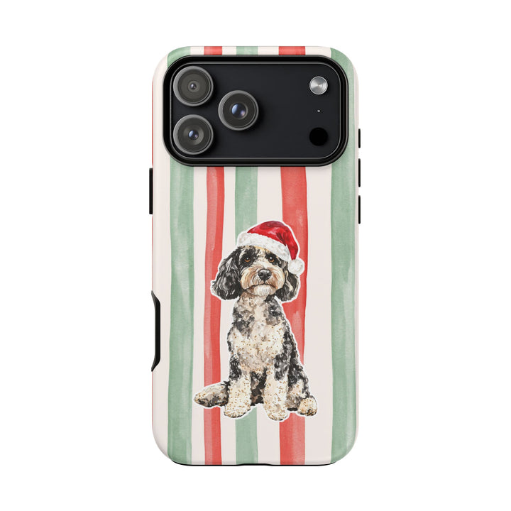 Doodle Christmas Tough iPhone Case, Red Sage Stripes, Santa Dog Phone Cover