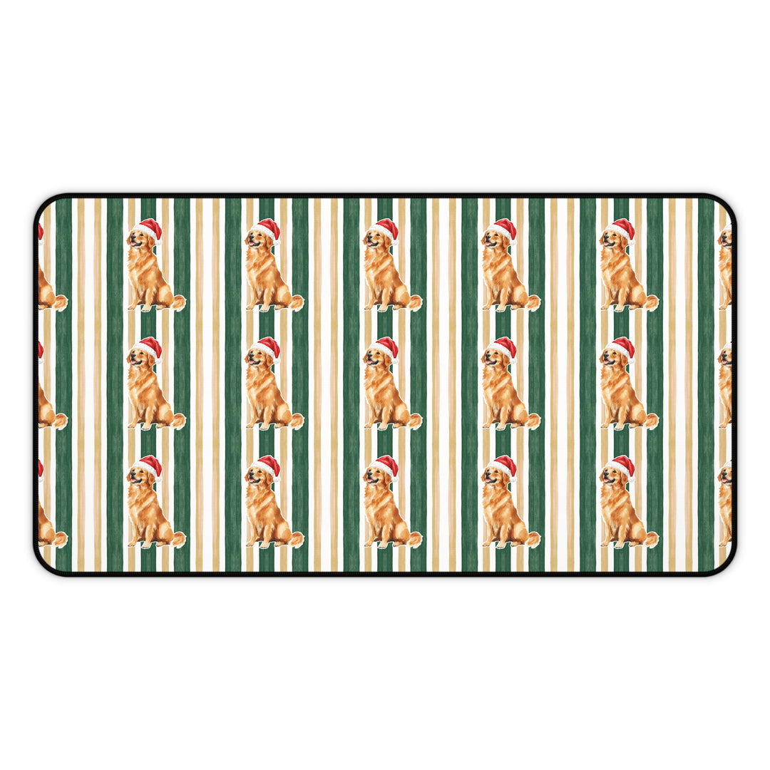 Golden Retriever Christmas Desk Mat, Green Gold Stripes, Santa Dog Desk Pad
