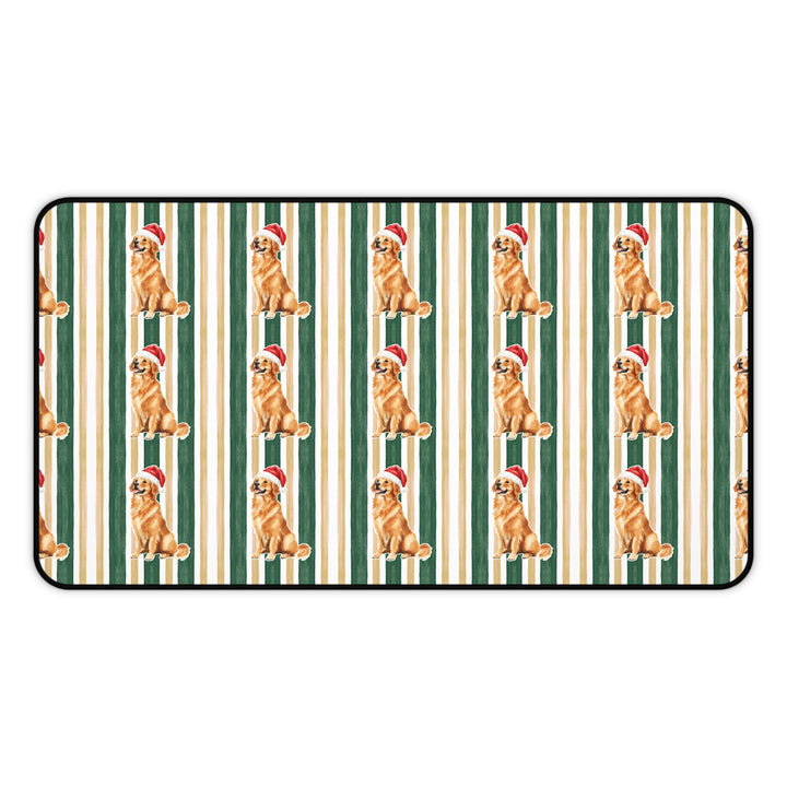 Golden Retriever Christmas Desk Mat, Green Gold Stripes, Santa Dog Desk Pad