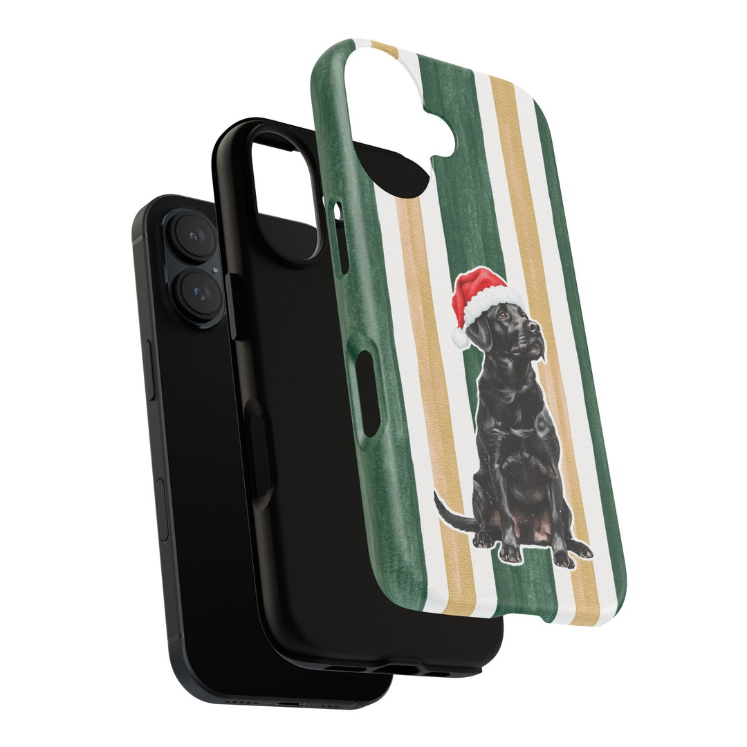 Black Labrador Christmas Tough iPhone Case, Green Gold Stripes, Santa Dog Phone Cover