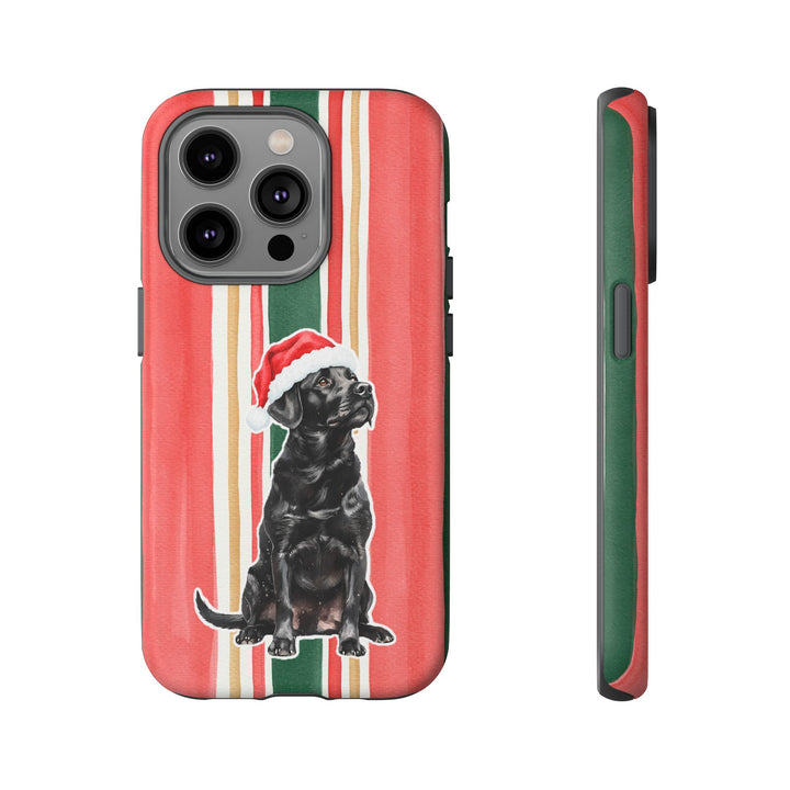 Black Labrador Christmas Tough iPhone Case, Classic Red Green Stripes, Santa Dog Phone Cover