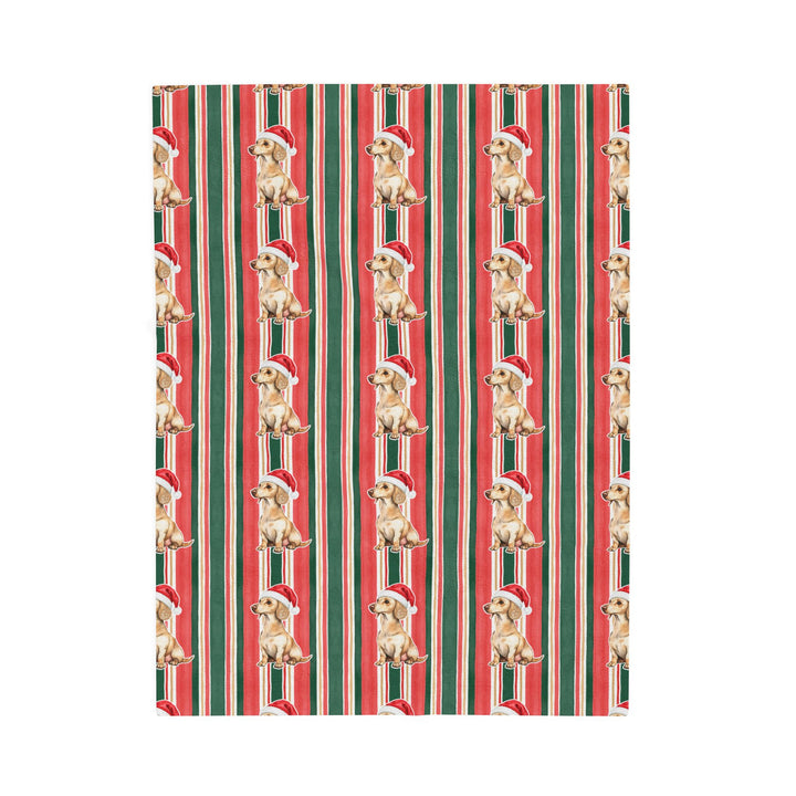 Dachshund Christmas Velveteen Plush Blanket, Classic Red Green Stripes, Santa Dog Throw