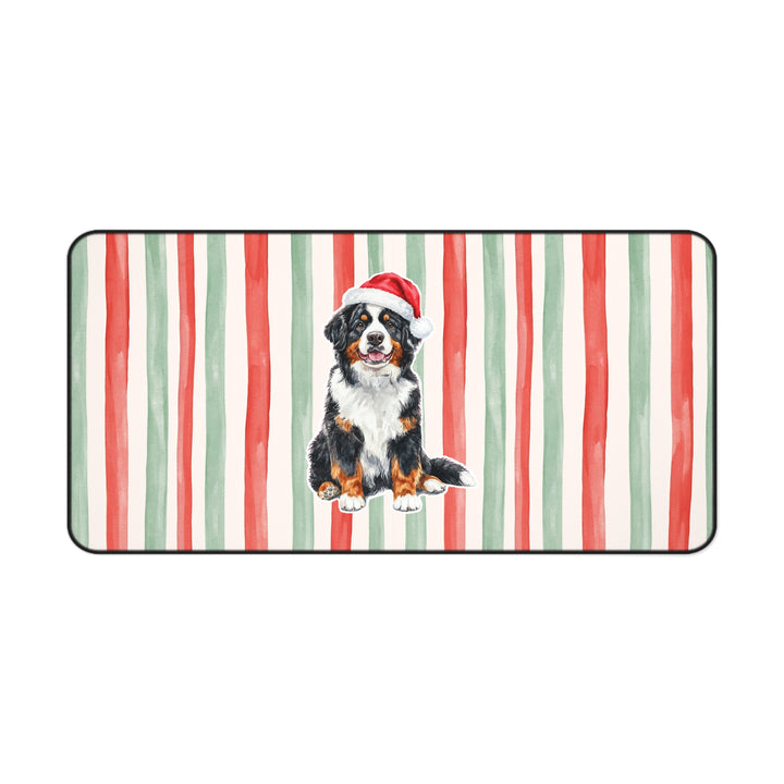 Bernese Mountain Dog Christmas Desk Mat, Centered Santa Dog, Red Sage Stripes