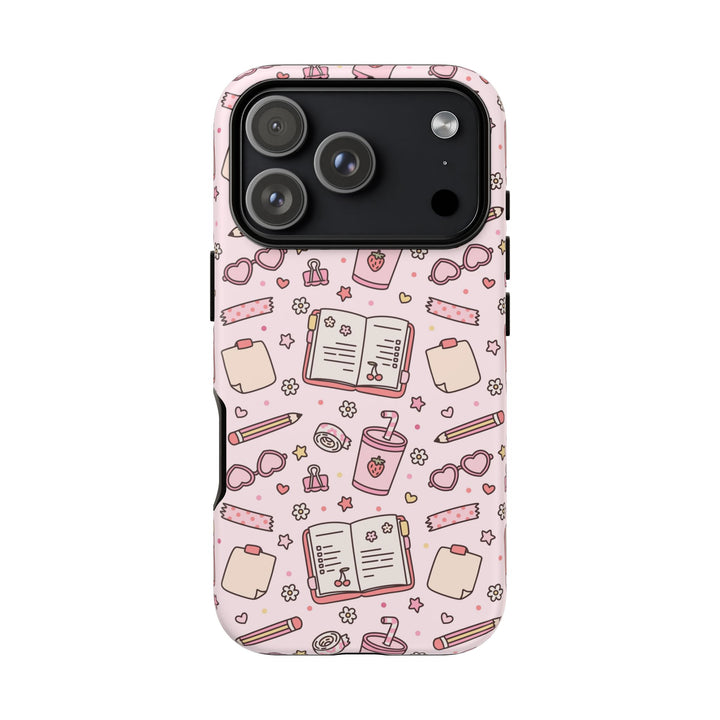 Pink Stationery Tough iPhone Case, Back to School Notebook and Pencil Phone Cover, Matte or Glossy