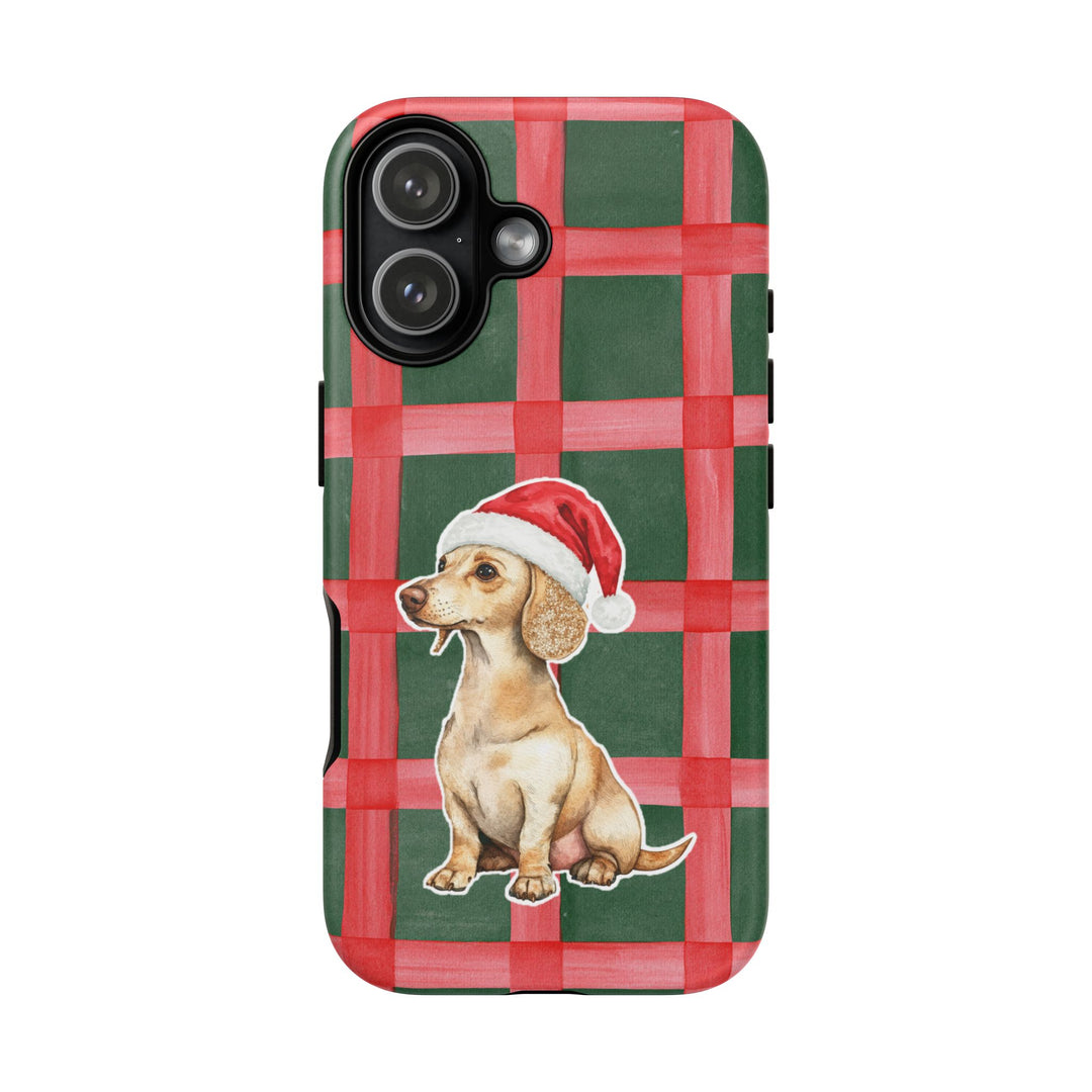 Dachshund Christmas Tough iPhone Case, Red Green Plaid, Santa Dog Phone Cover