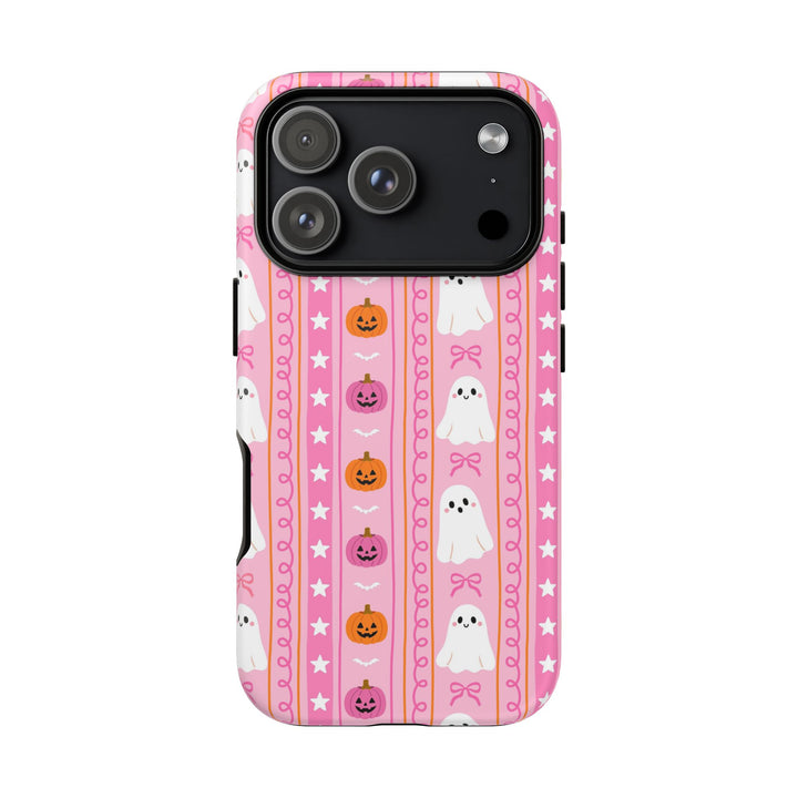 Pink Ghost Stripe Tough iPhone Case, Cute Halloween Pumpkin Bow Phone Cover, Matte or Glossy