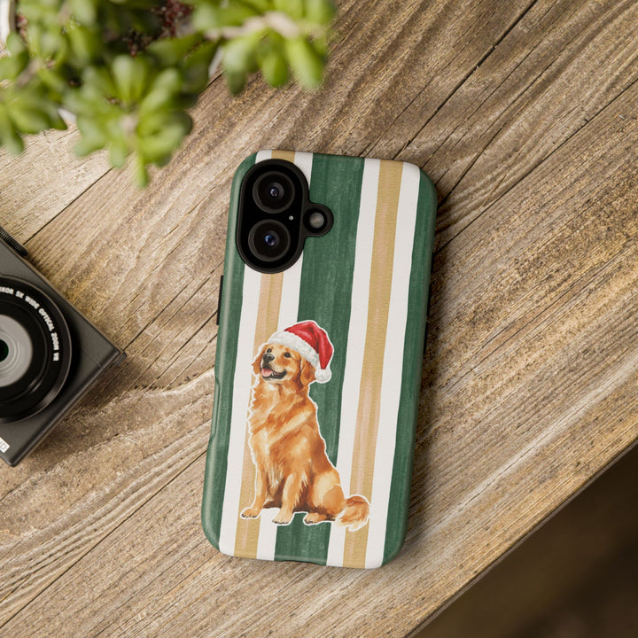 Golden Retriever Christmas Tough iPhone Case, Green Gold Stripes, Santa Dog Phone Cover