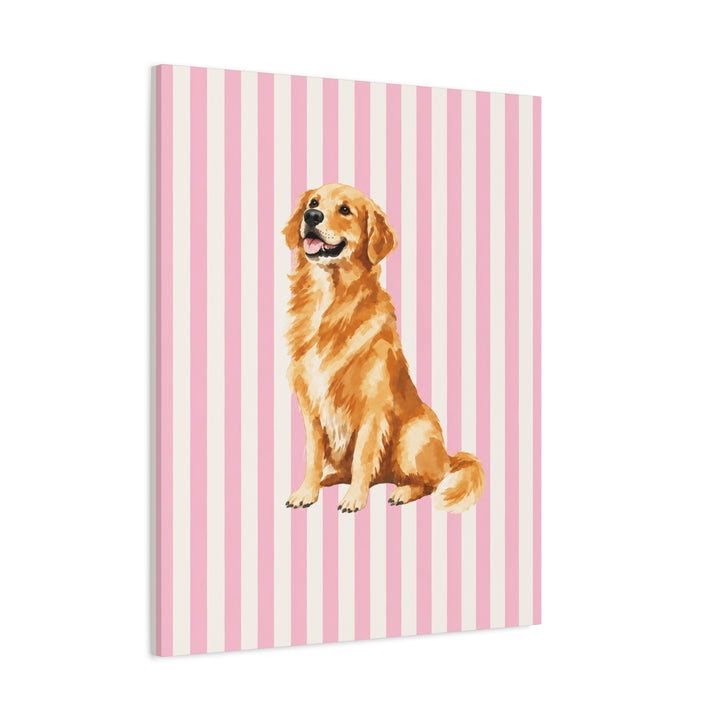 Golden Retriever Canvas Wall Art, Pink Stripe Stretched Canvas, Golden Retriever Mom Gift