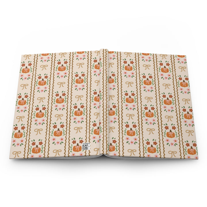 Girly Fall Pumpkin Bow Hardcover Notebook, Scalloped Floral Lined Journal, Autumn Stationery Gift