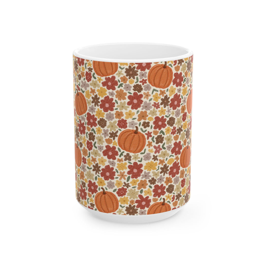 Fall Floral Pumpkin Ceramic Mug, Autumn Flower Coffee Cup, Cozy Cottage Thanksgiving Gift, 11oz and 15oz