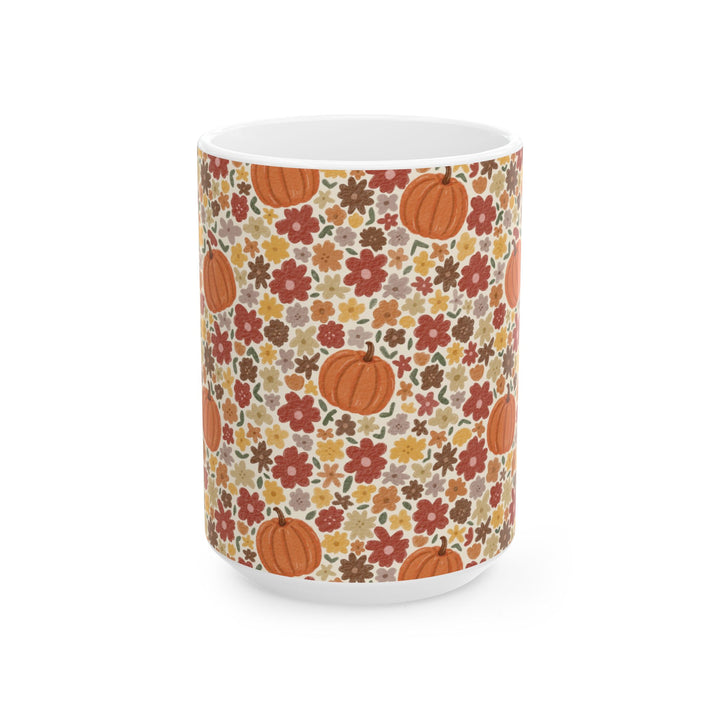 Fall Floral Pumpkin Ceramic Mug, Autumn Flower Coffee Cup, Cozy Cottage Thanksgiving Gift, 11oz and 15oz