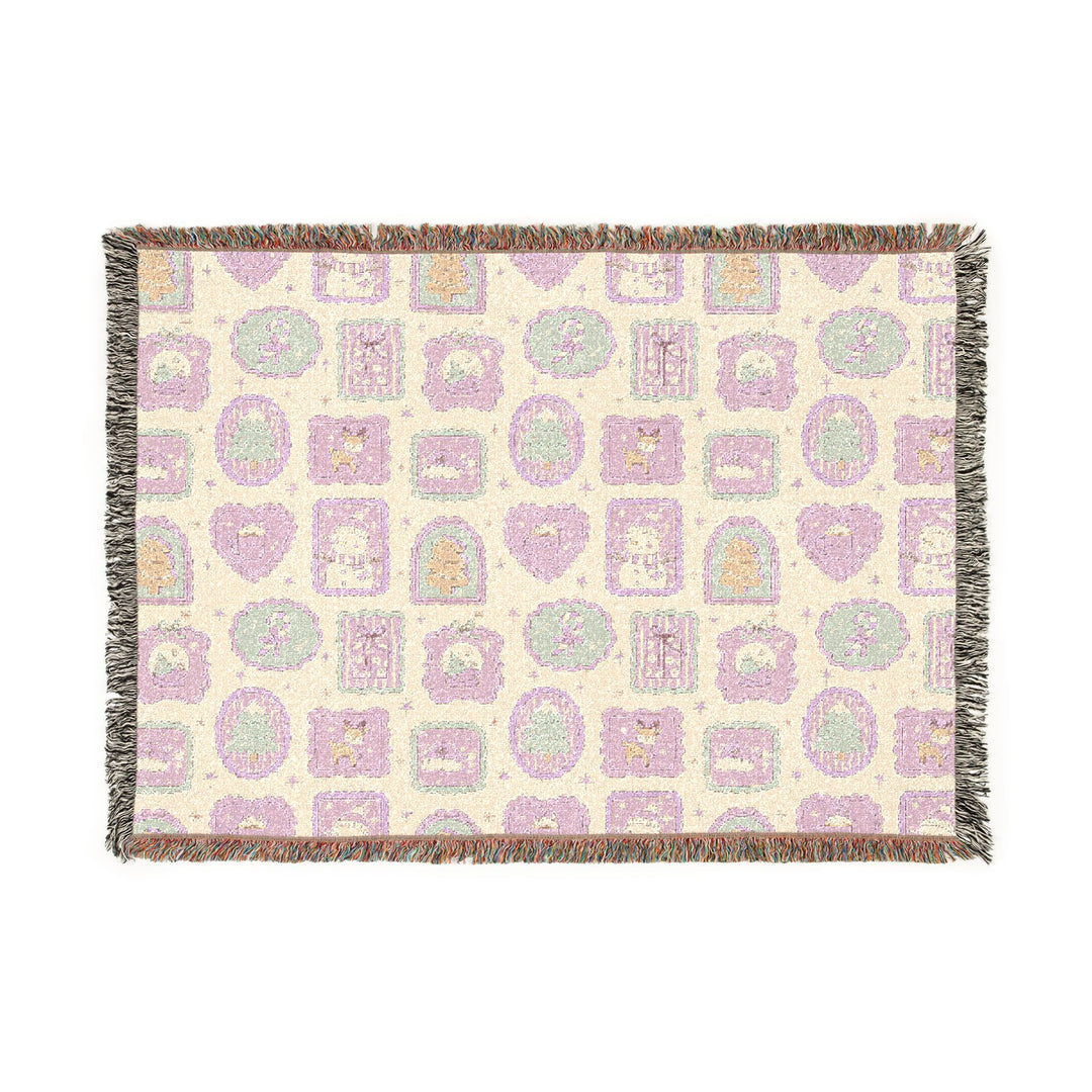 Pink Christmas Frames Woven Blanket, Pastel Snowman Reindeer Cotton Throw, Cute Holiday Sofa Decor