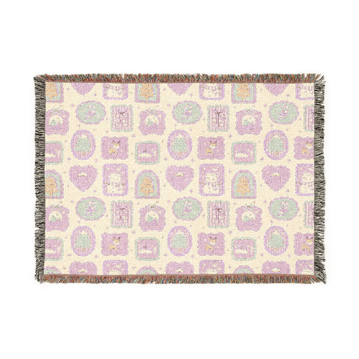 Pink Christmas Frames Woven Blanket, Pastel Snowman Reindeer Cotton Throw, Cute Holiday Sofa Decor