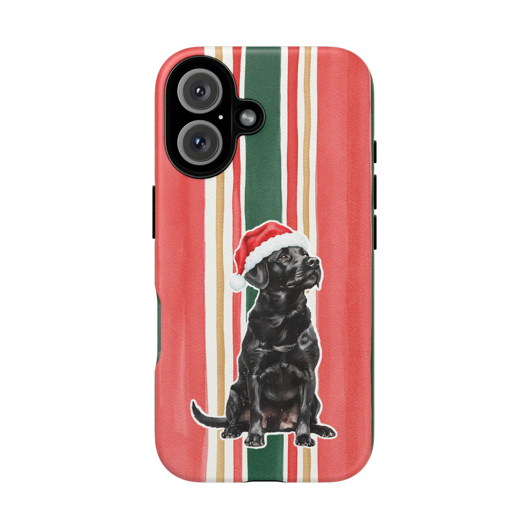 Black Labrador Christmas Tough iPhone Case, Classic Red Green Stripes, Santa Dog Phone Cover