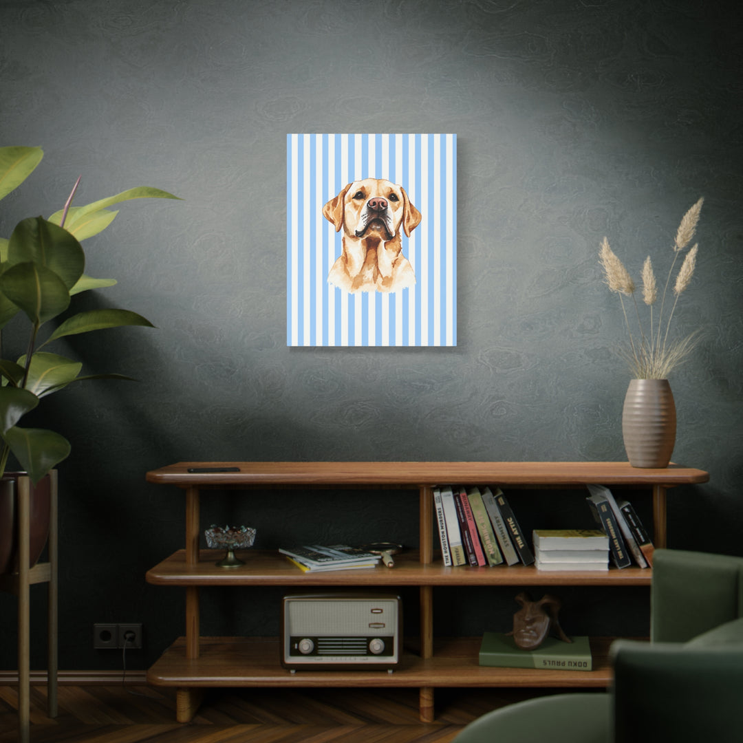 Yellow Lab Canvas Wall Art, Blue Stripe Labrador Stretched Canvas, Lab Mom Gift