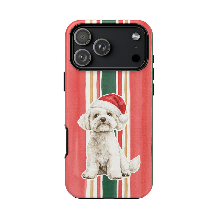 Maltese Christmas Tough iPhone Case, Classic Red Green Stripes, Santa Dog Phone Cover