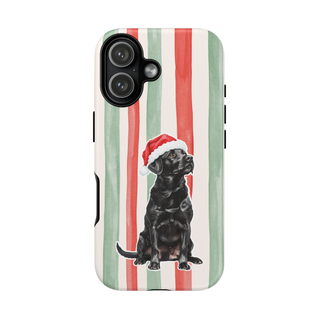Black Labrador Christmas Tough iPhone Case, Red Sage Stripes, Santa Dog Phone Cover