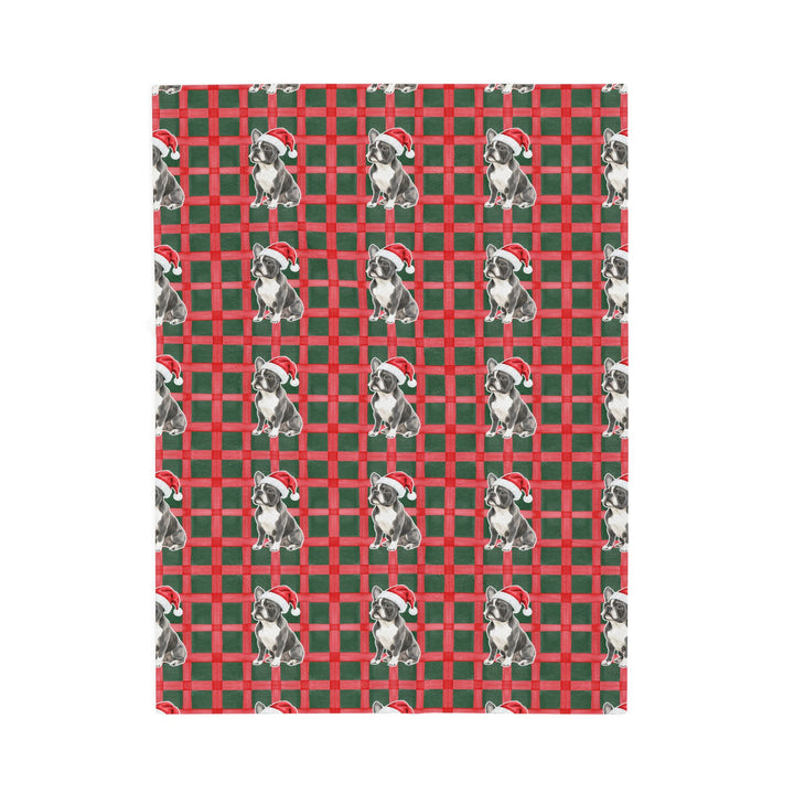 French Bulldog Christmas Velveteen Plush Blanket, Red Green Plaid, Santa Dog Throw
