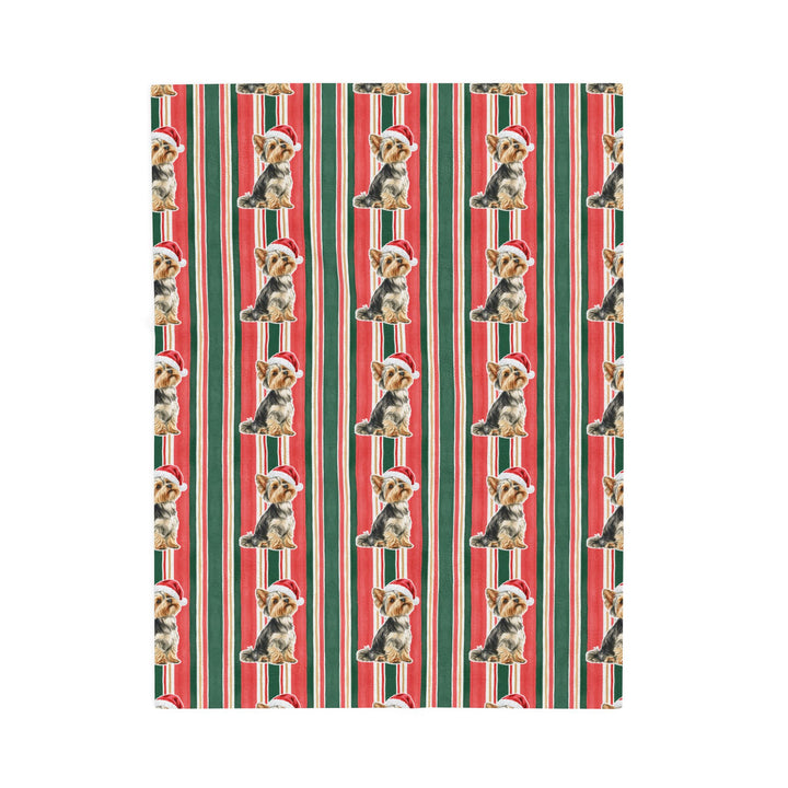 Yorkshire Terrier Christmas Velveteen Plush Blanket, Classic Red Green Stripes, Santa Dog Throw