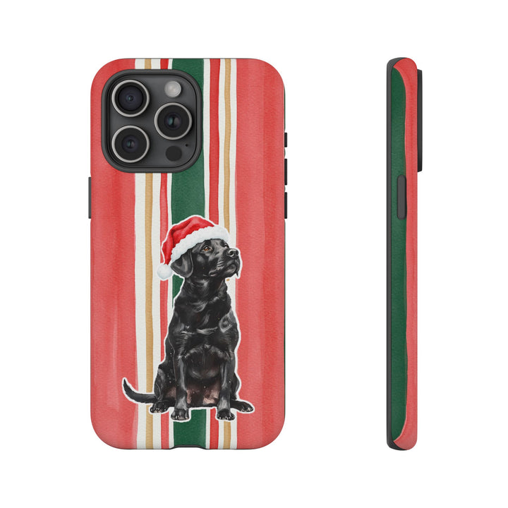 Black Labrador Christmas Tough iPhone Case, Classic Red Green Stripes, Santa Dog Phone Cover