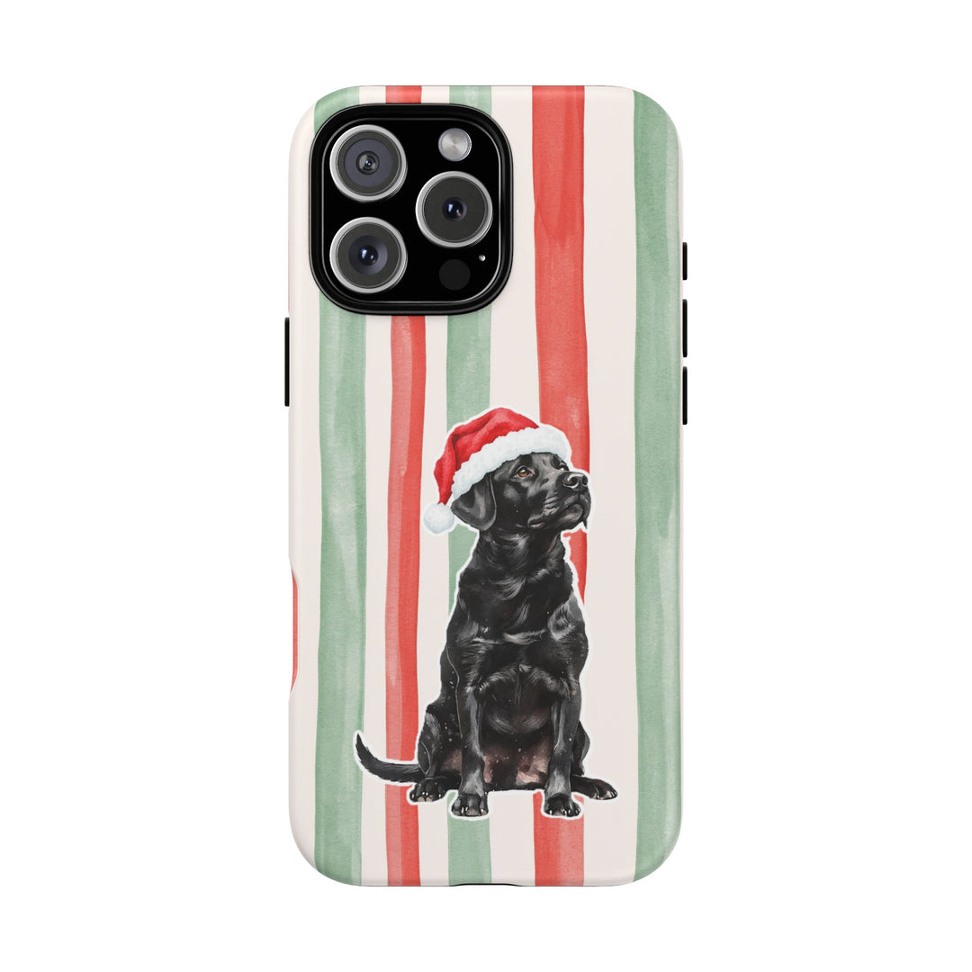 Black Labrador Christmas Tough iPhone Case, Red Sage Stripes, Santa Dog Phone Cover