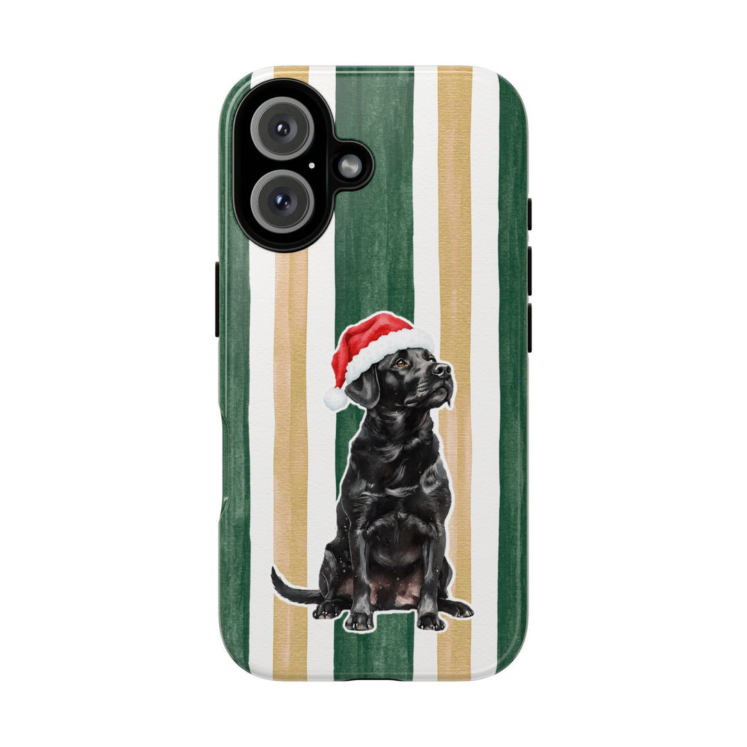 Black Labrador Christmas Tough iPhone Case, Green Gold Stripes, Santa Dog Phone Cover