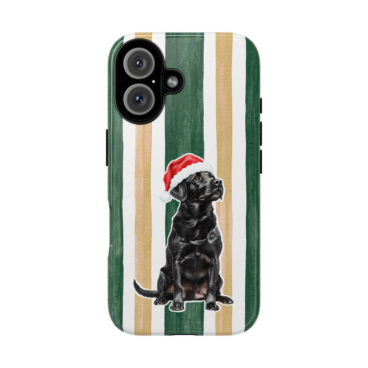 Black Labrador Christmas Tough iPhone Case, Green Gold Stripes, Santa Dog Phone Cover