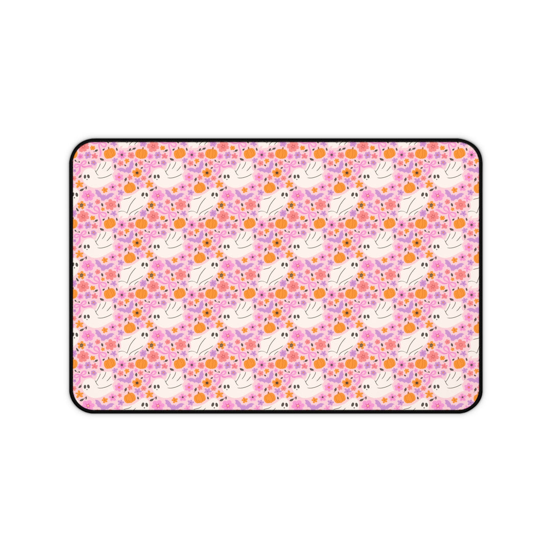 Pink Floral Ghost Desk Mat, Cute Halloween Pumpkin and Bat Desk Pad, Pastel Spooky Large Mouse Pad