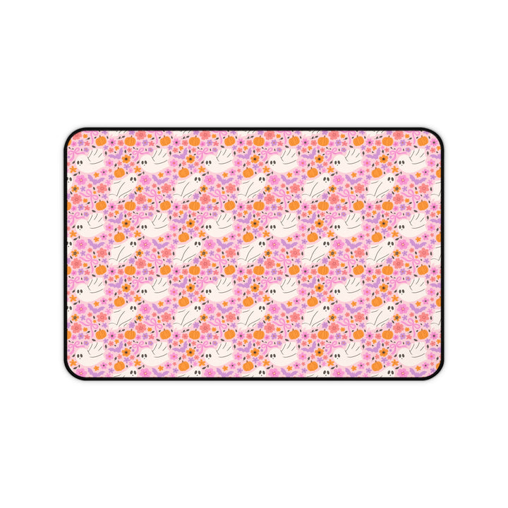 Pink Floral Ghost Desk Mat, Cute Halloween Pumpkin and Bat Desk Pad, Pastel Spooky Large Mouse Pad