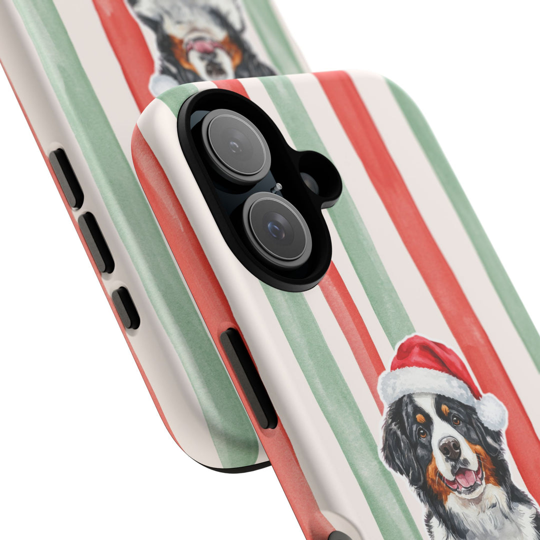 Bernese Mountain Dog Christmas Tough iPhone Case, Red Sage Stripes, Santa Dog Phone Cover