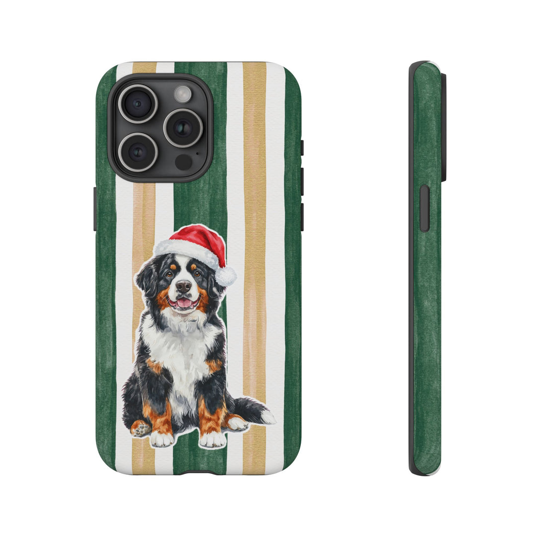 Bernese Mountain Dog Christmas Tough iPhone Case, Green Gold Stripes, Santa Dog Phone Cover